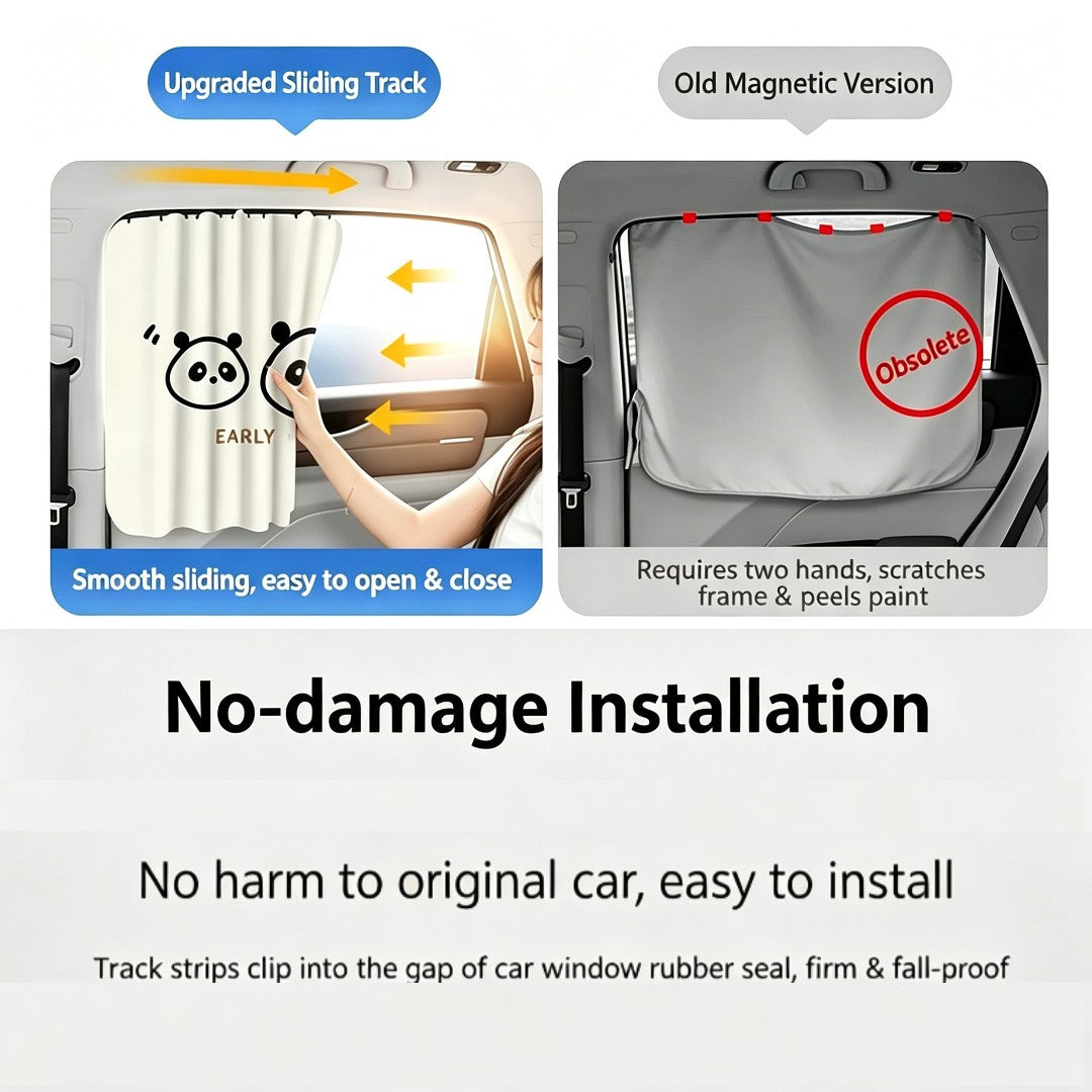 Car window sunshade – track mount design