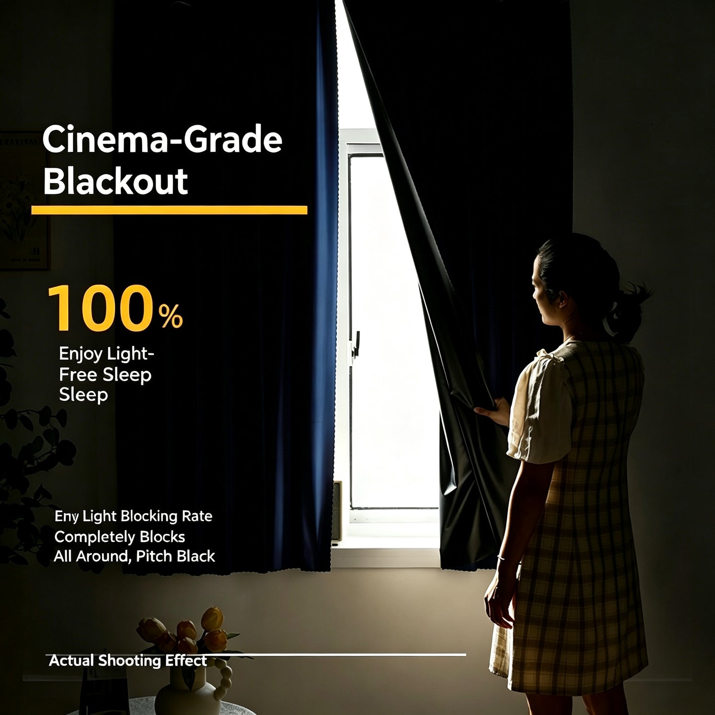 No Drill Full Blackout Curtain with Self‑Adhesive Hook and Loop Tape