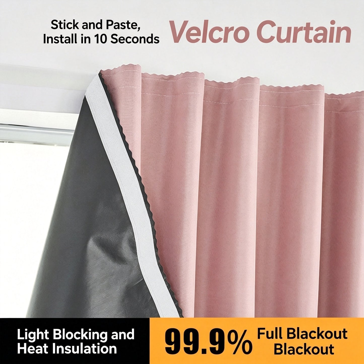 No Drill Full Blackout Curtain with Self‑Adhesive Hook and Loop Tape